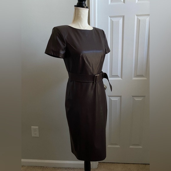 NWT Calvin Klein Belted Faux Leather Sheath Dress - Espresso Brown - Picture 2 of 16